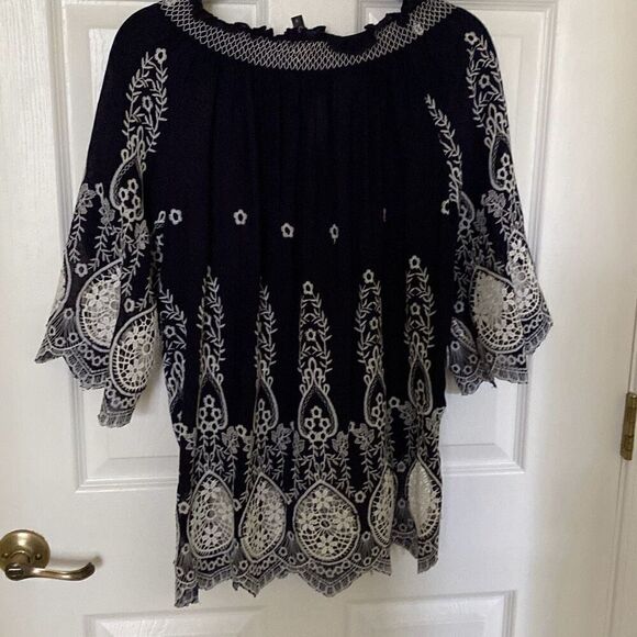 LAPIS Navy/White Boho Style Blouse, Size Small - Picture 8 of 9